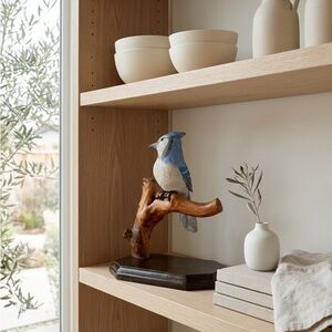 Source Unknown Hand-Painted Blue and White Jay Figurine on Wood Perch
